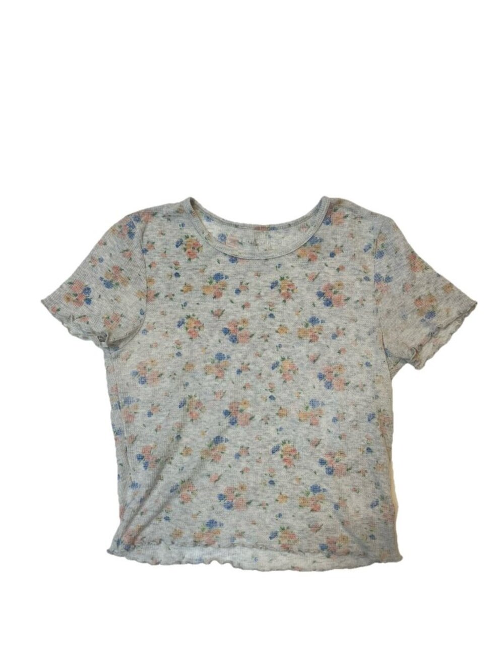 American Eagle Sz S Floral Baby Tee Gray Ribbed Crop Top Y2K Cottagecore